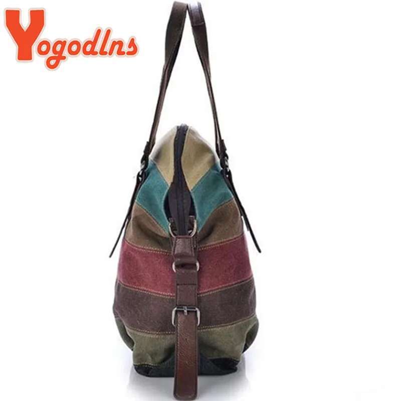 Yogodlns Canvas Totes Striped Womens Handbag New Patchwork Rainbow Shoulder Fashion Female Casual Crossbody Bag Sac a Main