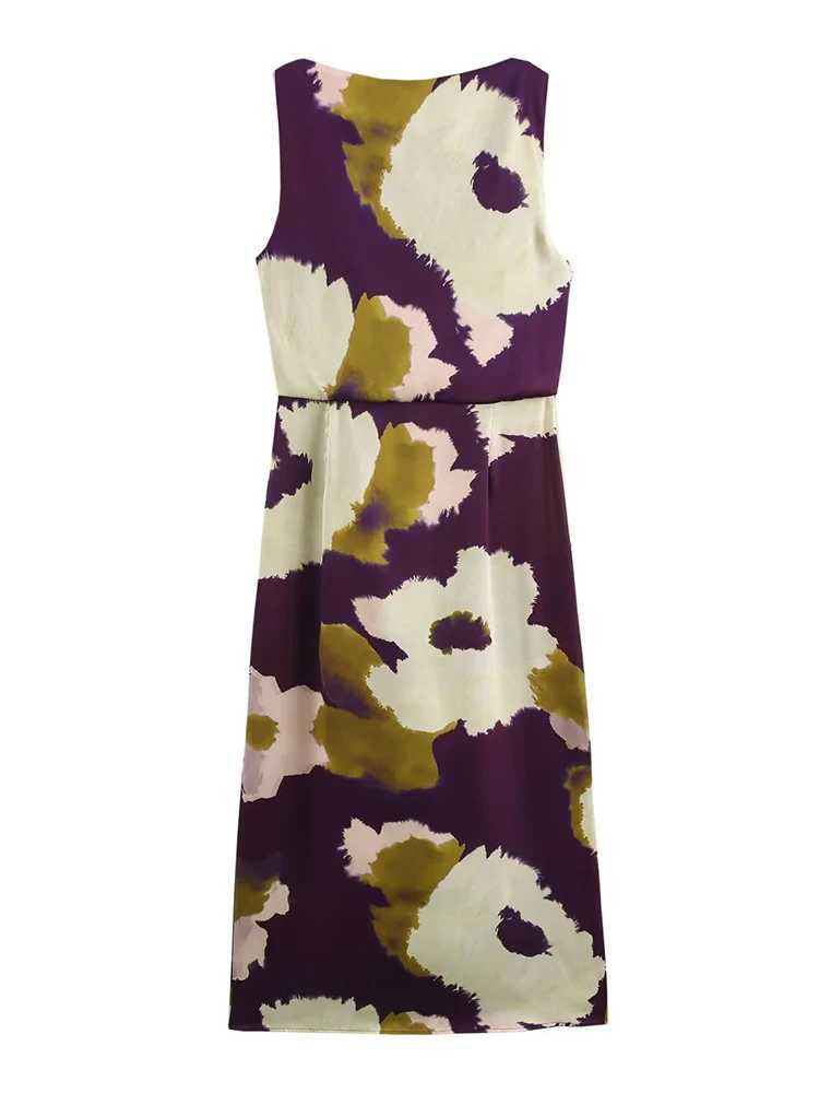 TRAF Womens Summer Long Dress 2025 New Party Fashion Retro Womens Sleeveless Printed Round Neck Midi Dress W250430