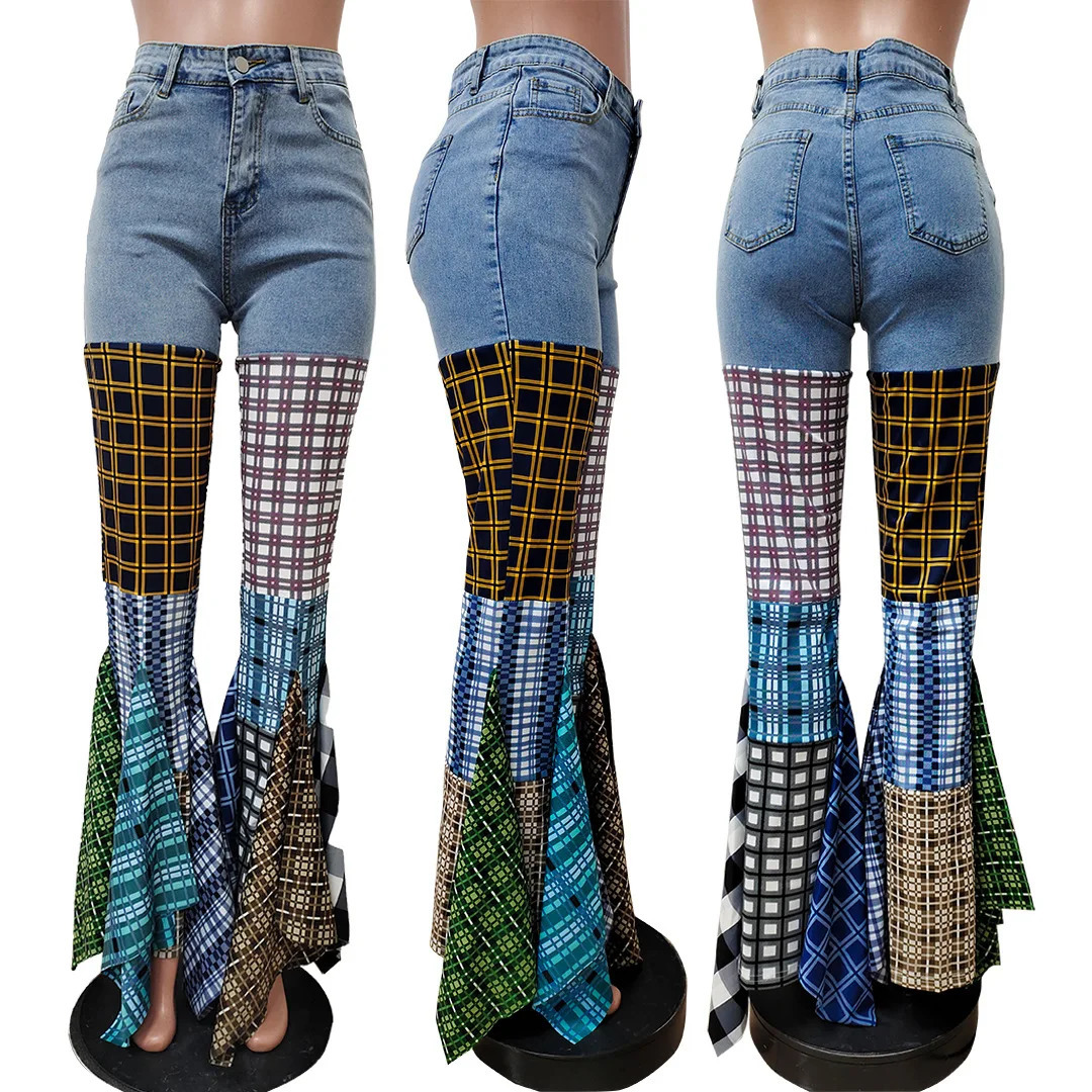 Womens jeans summer fashion patchwork hunting dog stone denim pleated flange high waisted jeans womens Trouser streetwear 250423