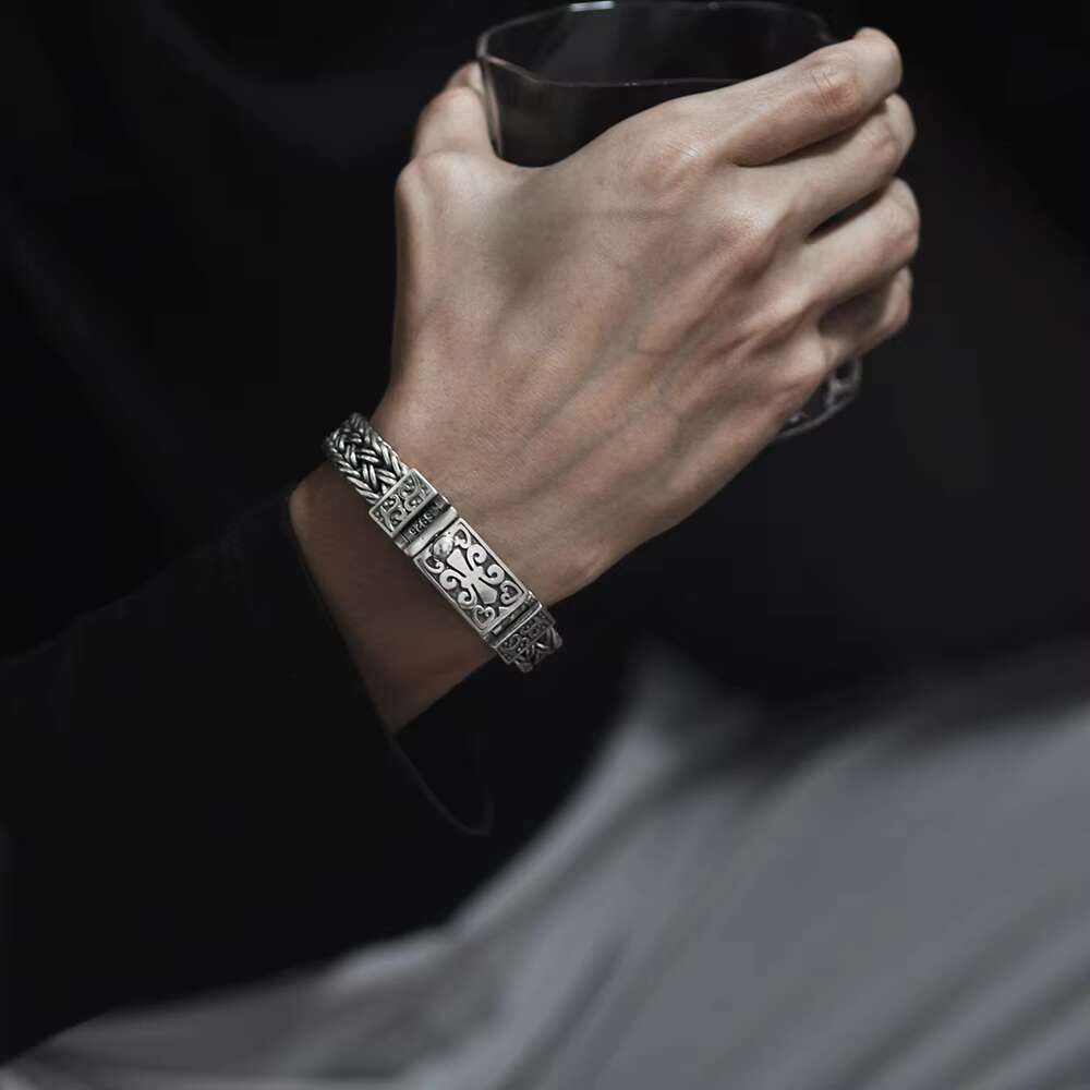 S925 Sterling Silver Wide Woven Bracelet Mens Vintage Large Buckle Pattern Punk Hip Hop Bracelet Jewelry