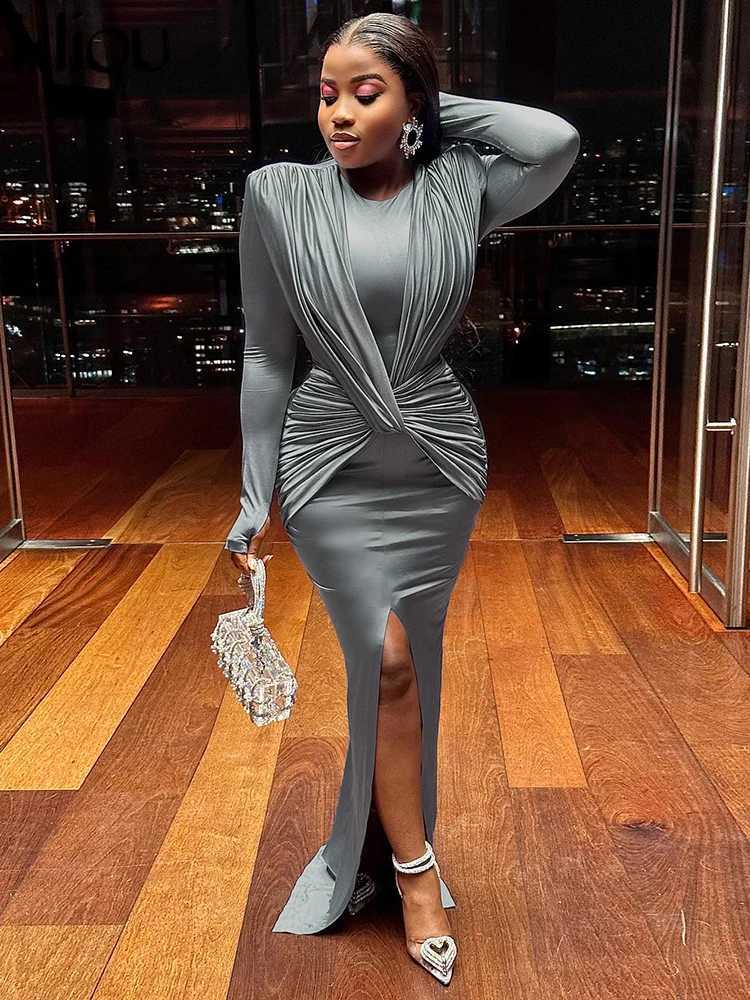 Elegant solid long skirt womens classic cross pleated long sleeved split style dress womens street party vest W250430