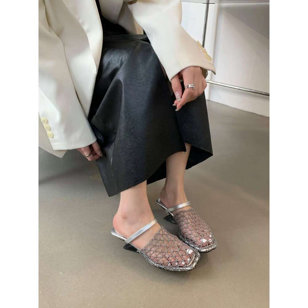 Wedge Heel Hollow Fishnet Shoes Woven Breathable Sandals Sier High Heels Baotou Women's Slipper Elegant Comfortable Lady Mules