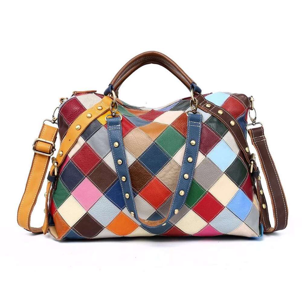 Leather Checkered Random Color Cowhide Rivets Women Multi-Purpose Hand Bill Shoulder Crossbody Bag