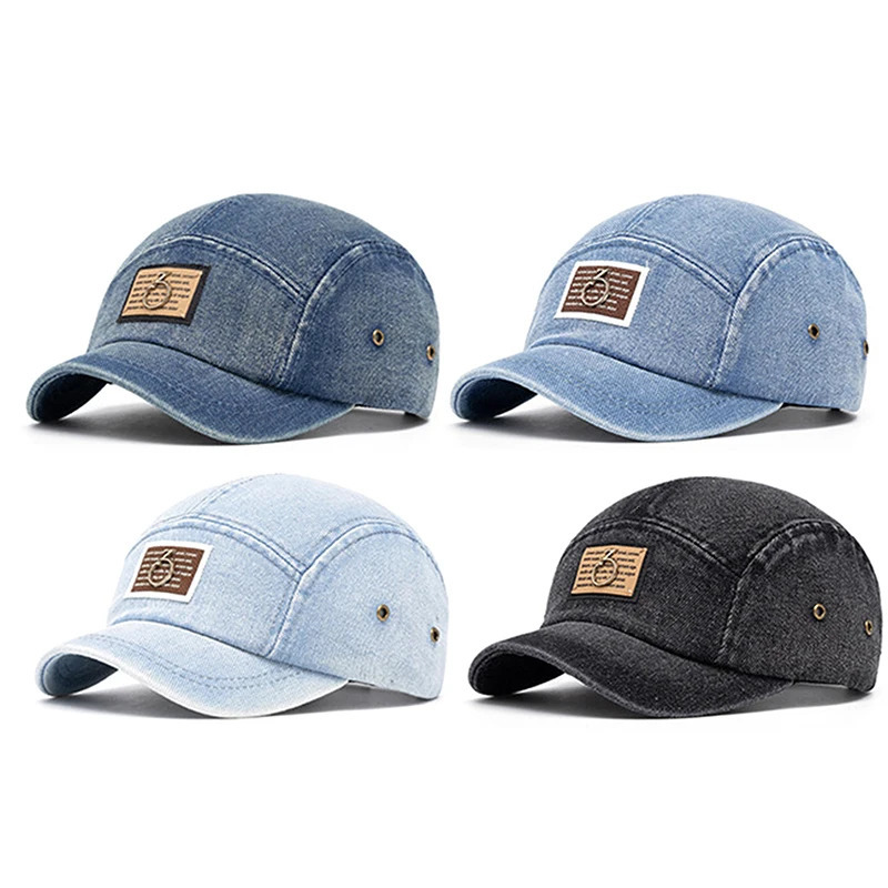 Womens letter metal logo denim baseball cap short Brim Washed Distressed hat Korean style sun protection snaps hat 250430
