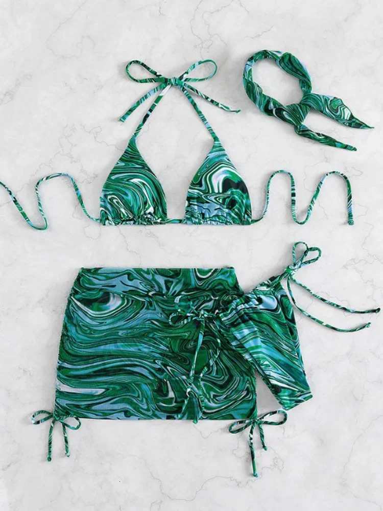 Wave Print Swimsuit Sexy Bathing Suits 4 Piece Bikinis Beach Sarong Micro Thong Swimwear Women Beachwear 250428