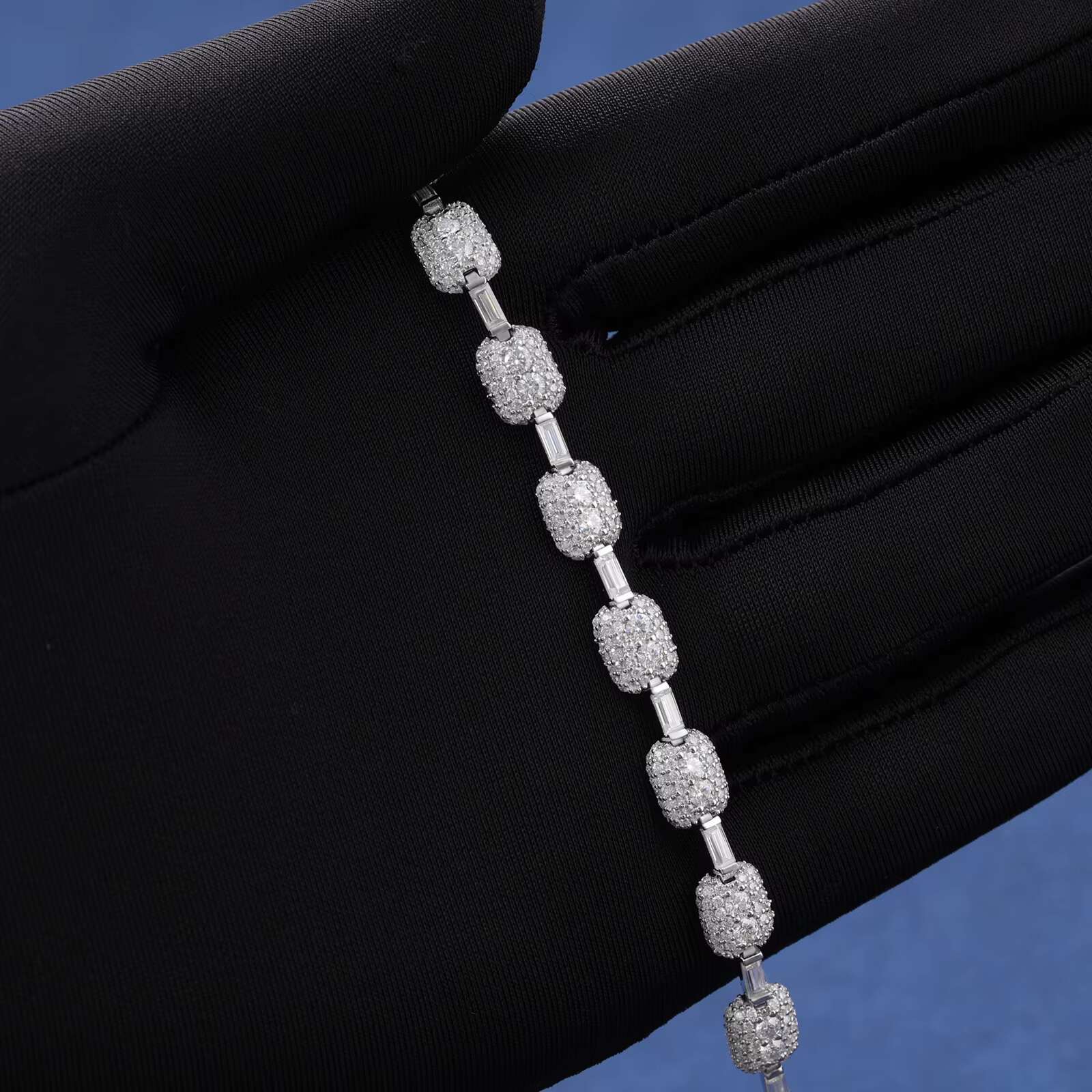 New Design 7mm VVS D Moissanite Baguette Connection Ice Out Cuboid Link Bracelet 925 Sterling Silver Tennis Chain Jewelry