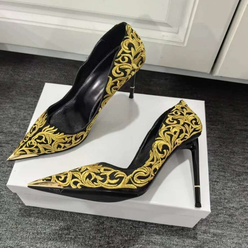 Designer Brand Embroidery Golden Pump Women Heels Metal Stiletto Black Sandals Fashion Girls Party Evening Shoes