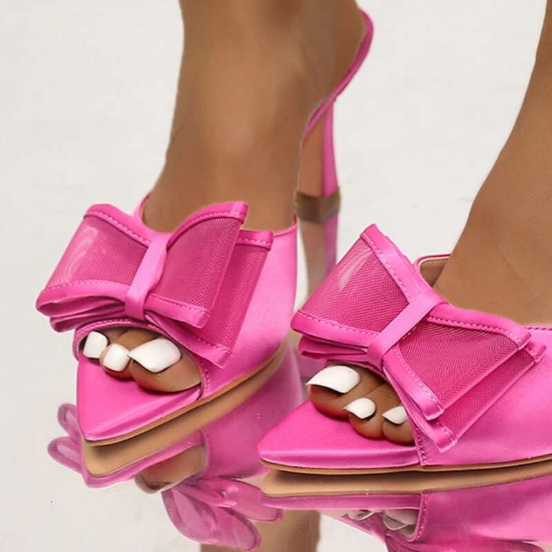 Fashion Designer Shoes Silk Bow Sandals Rose Red Slippers Pointed Open toe Women High Heels Outdoor Elegant Mules