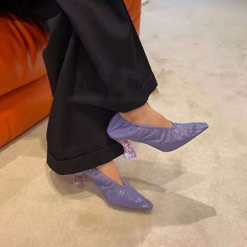 New Soft Sole Slip High Heels Crystal Heel Elastic Shallow Mouth Small Square Shoes Elegant Retro Women Sandal