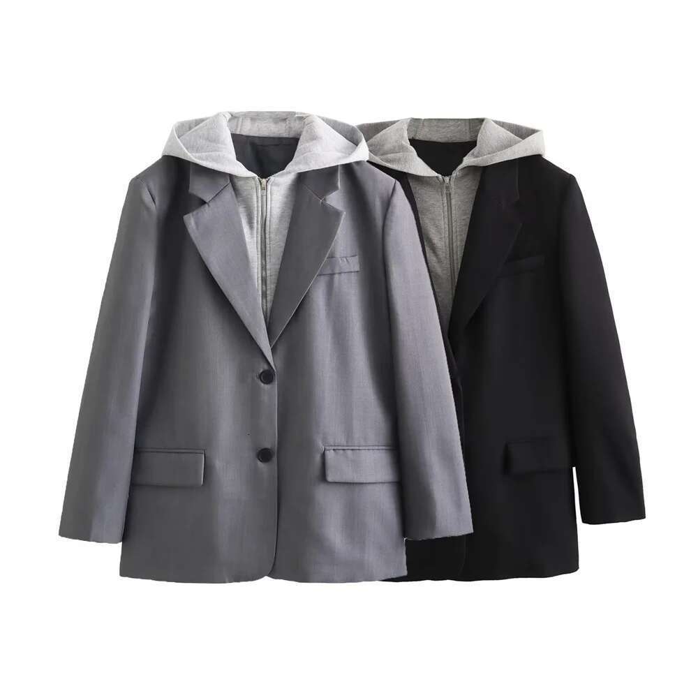 UNIZERA women's fake two-piece hooded casual lapel, loose fit jacket, spliced suit, spring autumn winter, new style