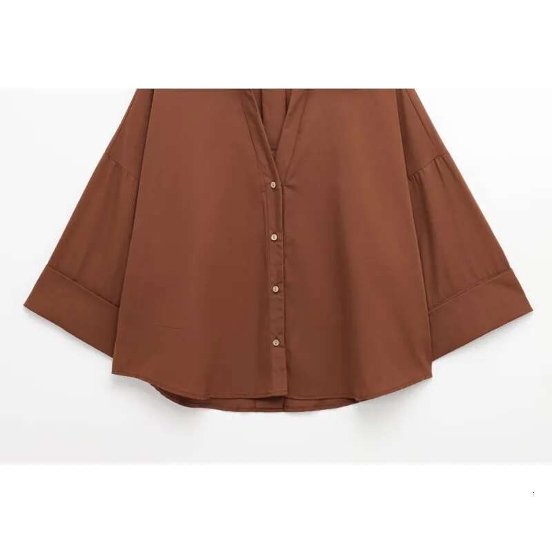 Women Wide Sleeved Shirt Spring Casual Poplin Button V Neck Women's Simple Lady Asymmetric Hem Shirts & Blouses