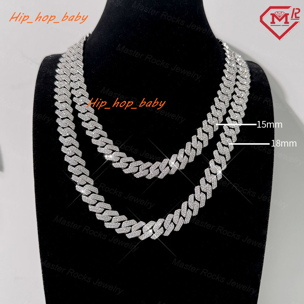 Stock 15mm 18mm Classic Cuban Link Chain Hiphop 925 Silver Iced Out Moissanite Cuban Chain