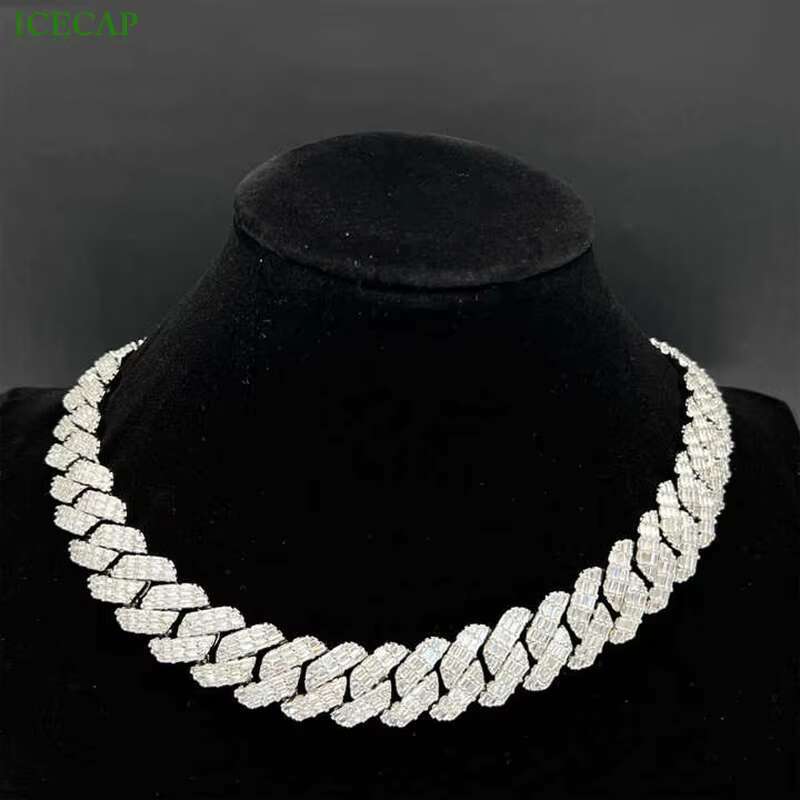 18mm Custom Baguette Pass Diamond Tester Iced Out DVVS Moissanite White Gold 925 Silver Chain Necklace Miami Cuban Link Chain