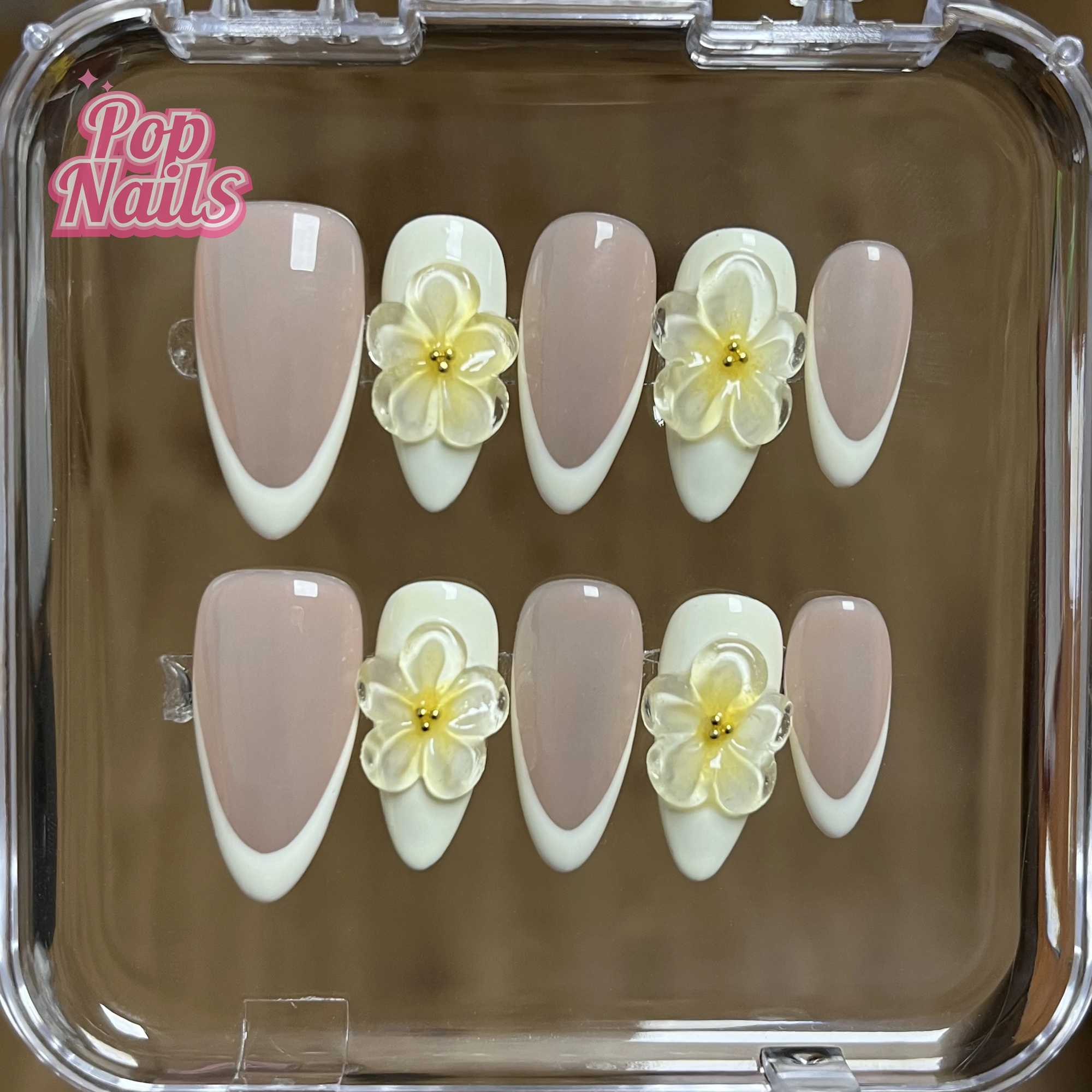 Almond 3D Yellow Flower Nail Art Cutting edge Acrylic Press Customization Medium Short Flower Press Handmade French Cutting edge Nail H25429