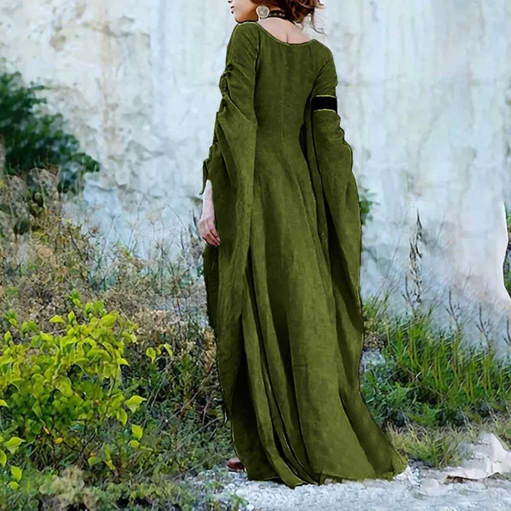Retro long sleeved long skirt retro Gothic Victorian style medieval solid color cotton linen Halloween costume W250430