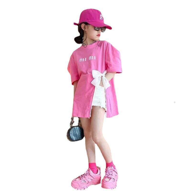 Girl's Cotton T-Shirt Korean Version Short Sleeved Fashion Girl Bow Top, Middle And Large Children's Split Summer T-Shirt Trend