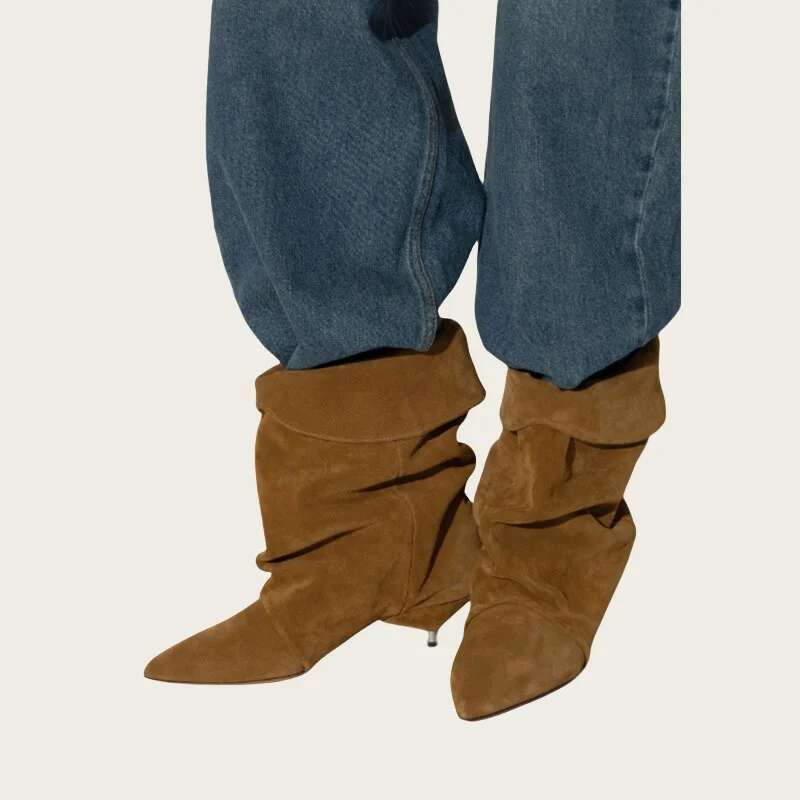 New Fashion Design Stiletto Pleated Shoes Comfortable Mid-calf Ankle Boots Pointed Thin High Heels Women