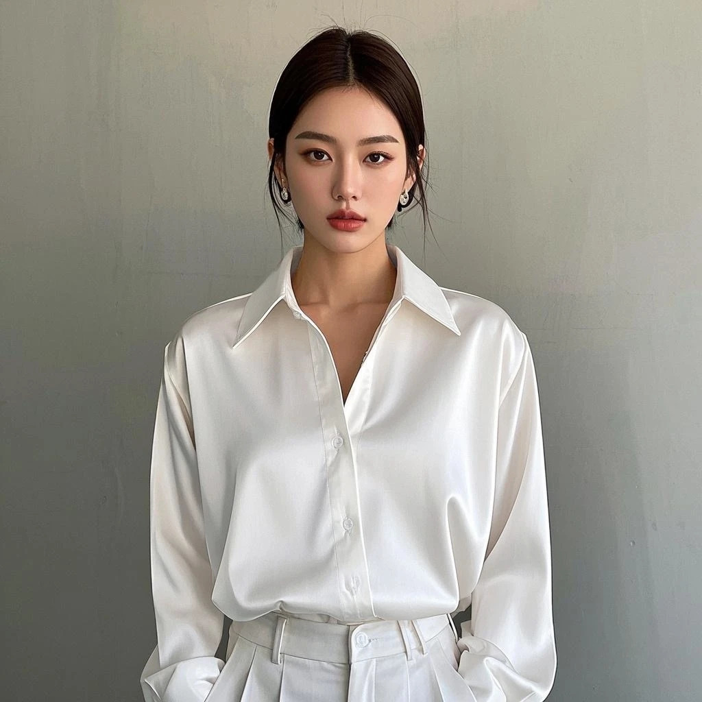 Korean Office Womens Trendy Casual Shirt Elegant Satin Multi Color Basic Ultra Thin Solid Full Match Top French Style 250422