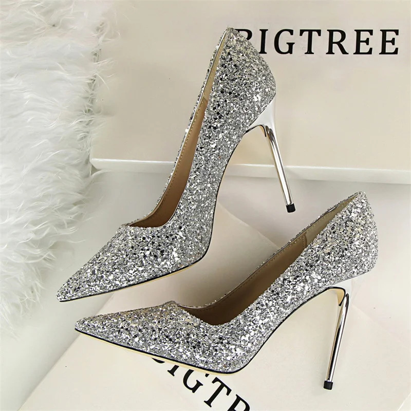 Women 9.5cm High Heels Pumps Wedding Bridal Scarpins Sparkly Mid Heels Lady Party Sequins Glitter Evening Gold Silver Shoes 5 250428