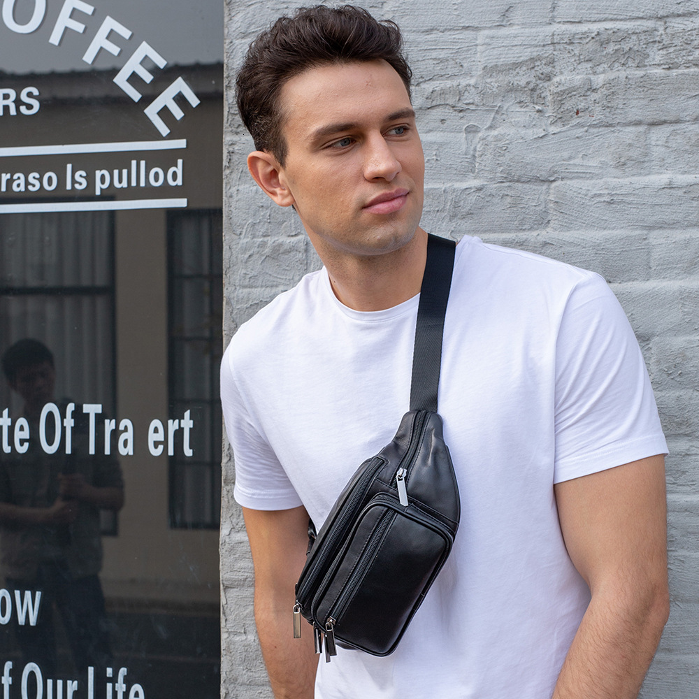 Minimalist Business Men's Waist Outdoor Black Mobile Sheepskin Leisure Sports Crossbody Chest Bag 8879