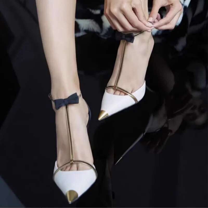 Fashion Designer Women's Bowknot Hollow Sandals T-Shaped Stilettos With Buckle Sexy Pointed High Heels Party Shoes
