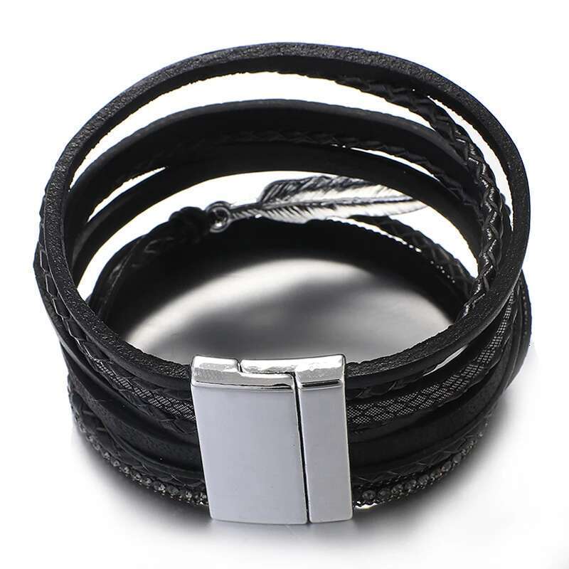 ALLYES Vintage Leaf Feather Multilayer Leather Bracelet Men Fashion Braided Handmade Rope Wrap Bracelets Female Jewelry