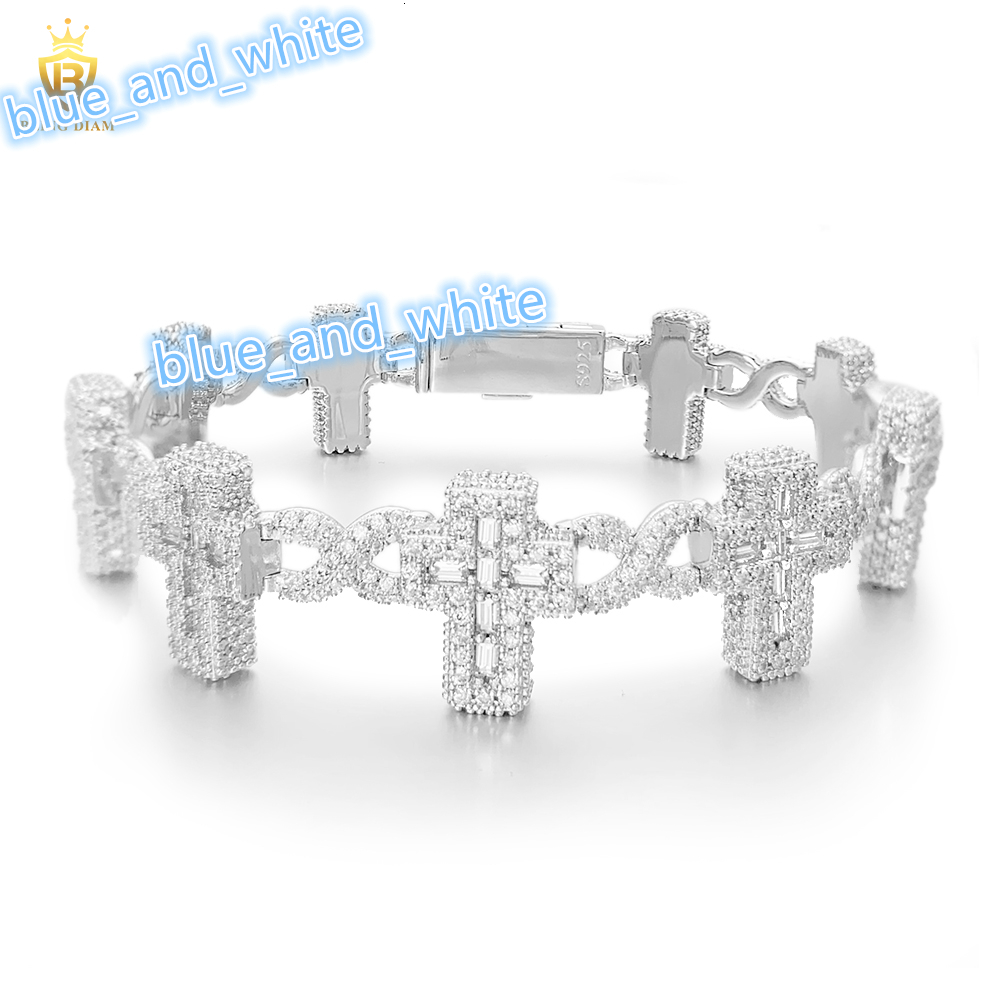 Fine Jewelry Gold Plated 925 Sterling Silver VVS Moissanite Baguette Cuban Link Chain Cross Bracelet for Men Women