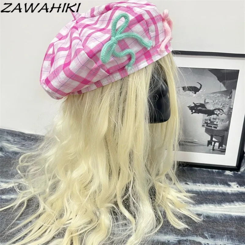 Y2k Sweet Beret Womens Flat Bow Patch Work Boinas Para Mujer Korean Contrastive Color Hat Cute Preparatory Office Womens Fashion Beret 250430
