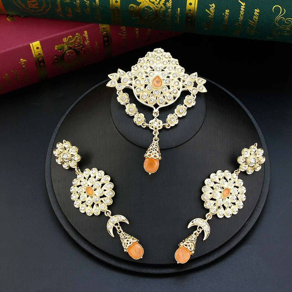 Neovisson Elegent Morocco Jewelry Sets Gold Color Waist Chain Belt Orange Crystal Choker Necklace Drop Earring Brooch Gift