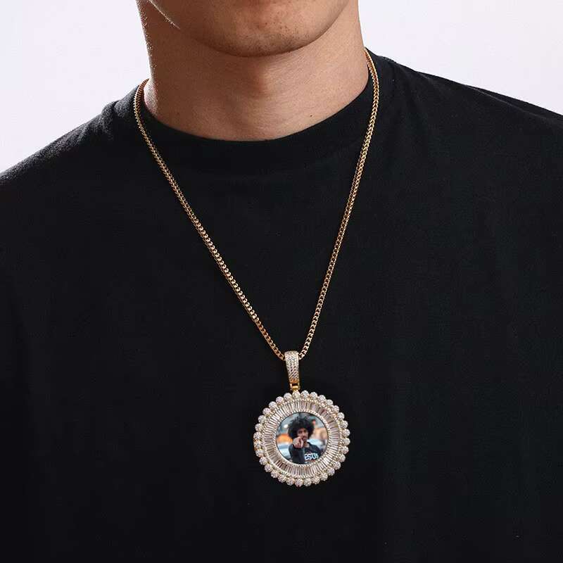 Baguette Memory Photo Pendant Hip Hop Iced Out AAAAA CZ Diamond Photo Custom Pendant Punk Round Diy Sublimation Memory Pendant