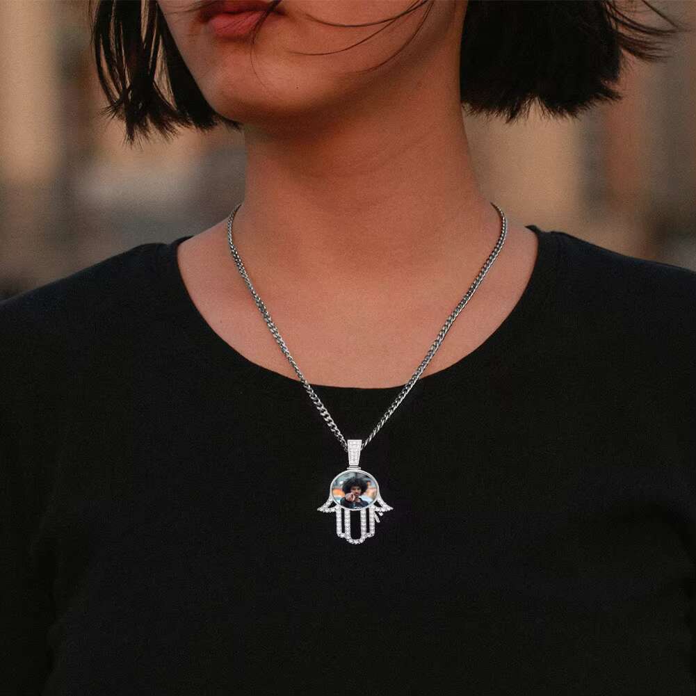 Memory Jewelry 32mm Gold Plated Brass AAAAA CZ Diamond Iced Out Hamsa Hand Custom Picture Necklace Pendant With Chain