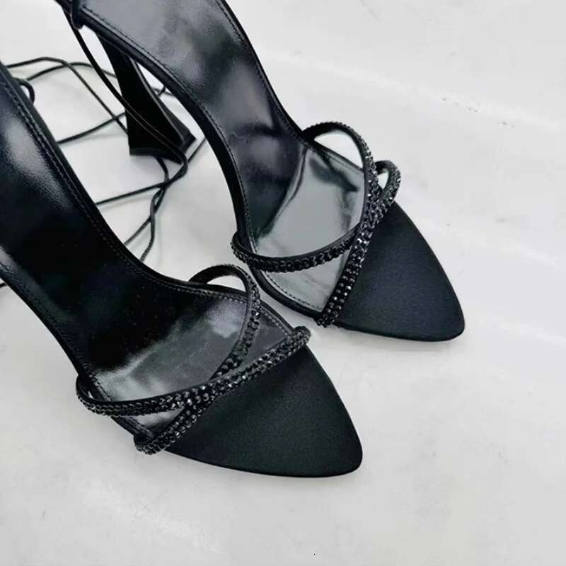 Fashionable Women Sandals Sexy Open Toes Single Woman Pointed Rhinestone Casual Shoes Ankle Cross Strap High Heels Ladies