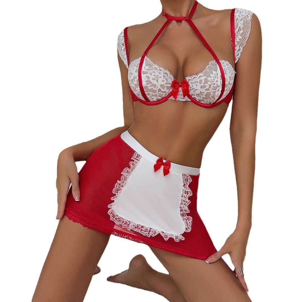 Sexy Underwear Sexy Perspective Lingerie Bow Tie Neck Hanging Lace Contrasting Color Bra Set Role Playing Maid Outfit
