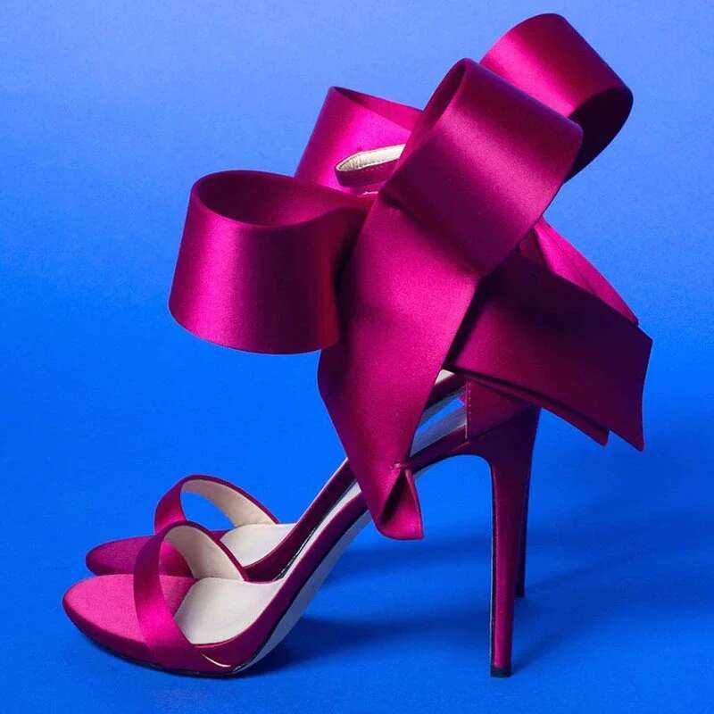 Summer new satin sequins oversized bow with sexy sandals stin high-heeled banquet dress customized large size women's shoes
