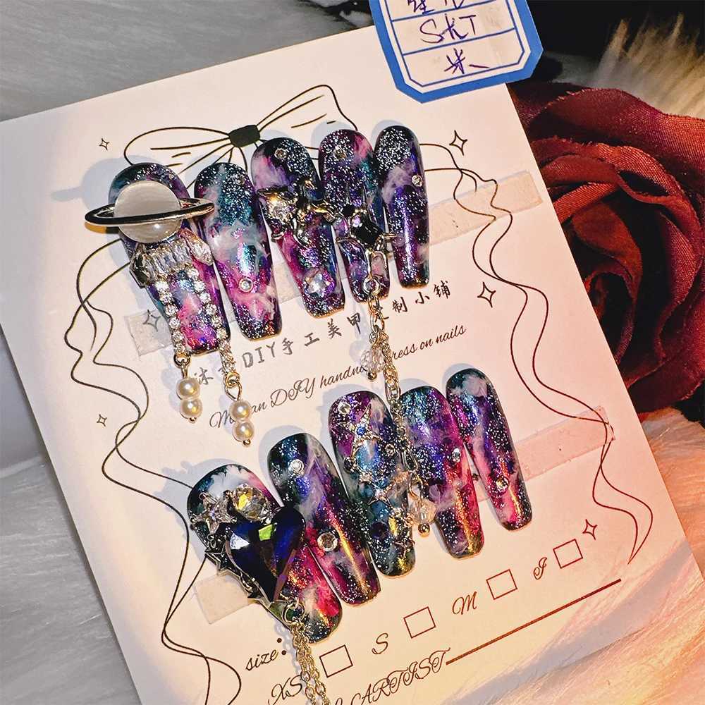 10P high-quality manual pressing nail cosmic star curve constellation feeling dark explosion flashing nail art real shooting hot girl H25429