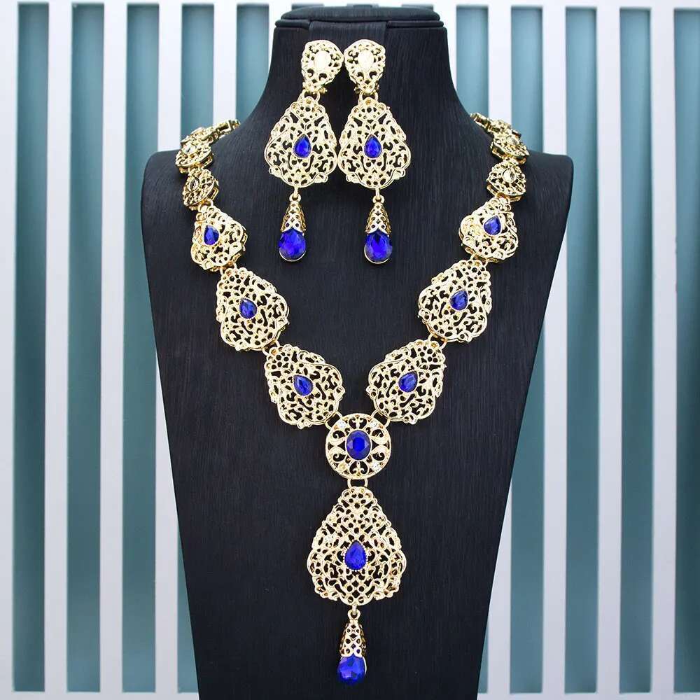 Sunspicems Chic Arabic Bridal Earring Necklace Morocco Wedding Jewelry Sets For Women Gold Color Hollow Water Droplets Pendant