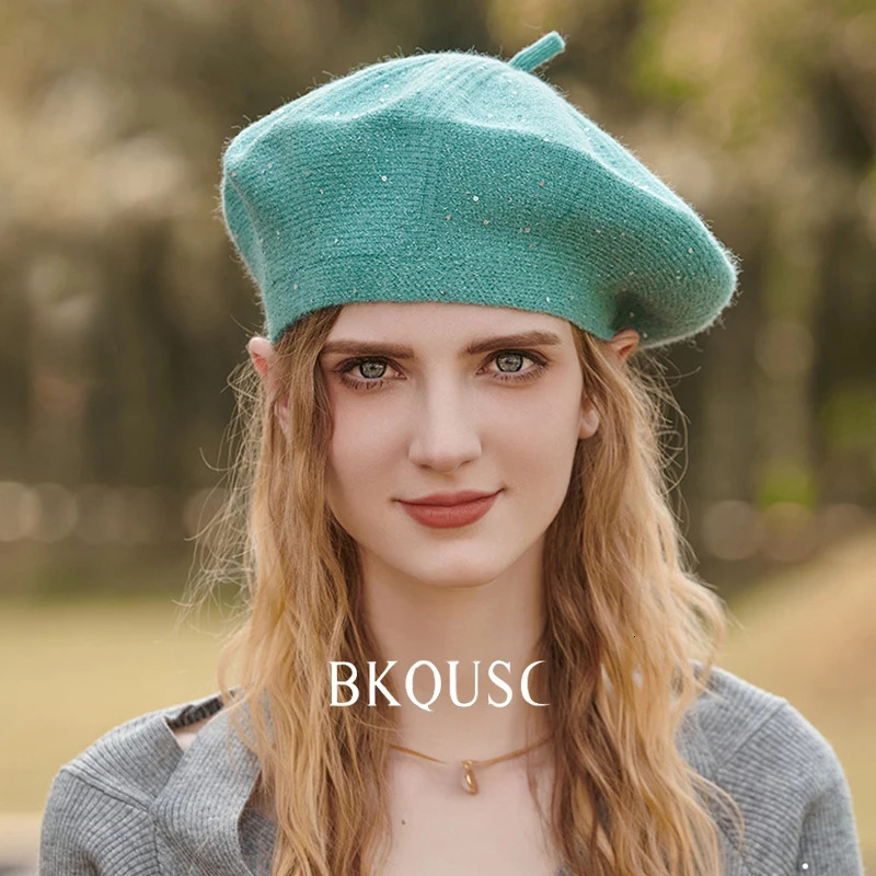Fashion sequined velvet knit beret womens spring and winter hats warm and soft wool knit elegant artist beret 250430