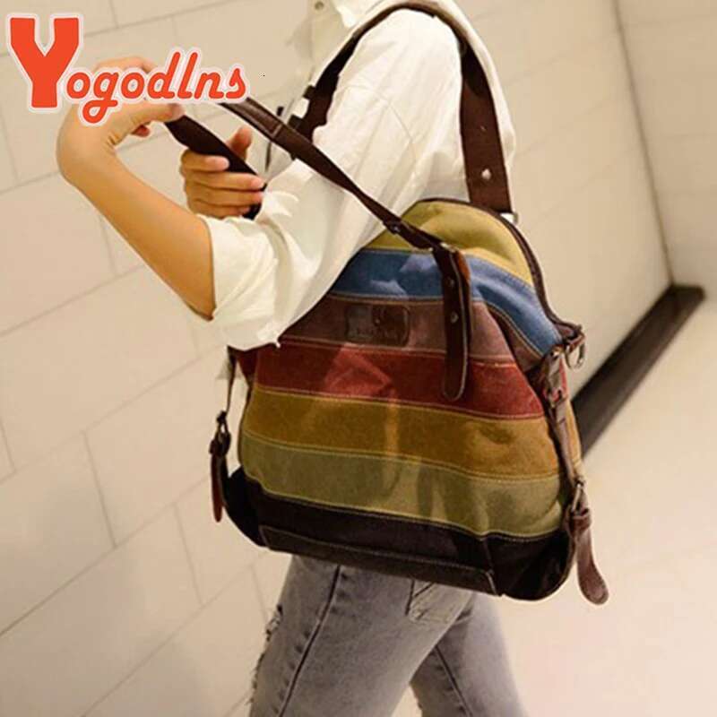 Yogodlns Canvas Totes Striped Womens Handbag New Patchwork Rainbow Shoulder Fashion Female Casual Crossbody Bag Sac a Main