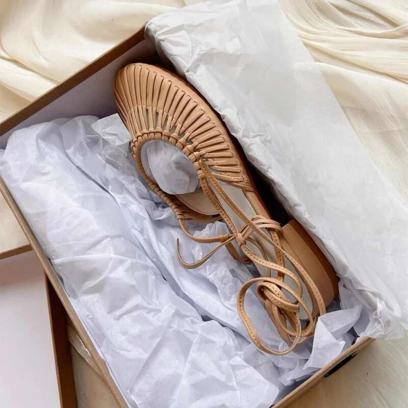 Fashion Round Toe Lace up High Heels Hollow Casual Roman Fisherman Shoes Ankle Strap Women Flats