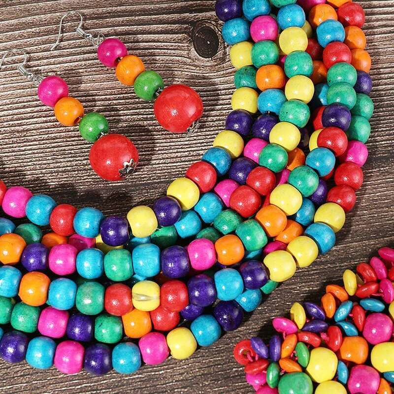 New Arrival 1Set African Multi-Layer Wooden Beads Necklace Earrings Jewelry Sets For Women Wedding Dress Jewelry Gifts