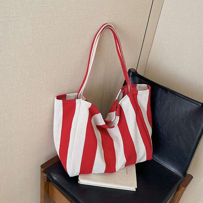 Artistic And Leisure Large Capacity Canvas Tote 2025 Spring New Korean Edition Striped Fashion Handheld Single Shoulder Bag