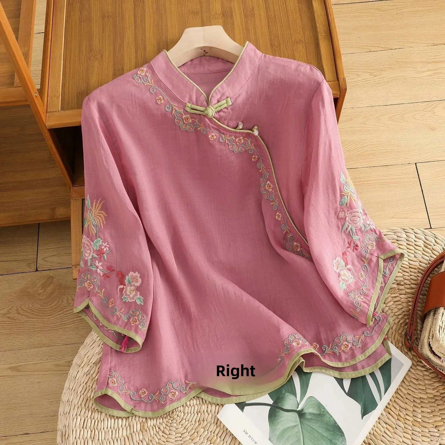 Summer art retro embroidery weight loss cotton linen womens top with buttons colorful block shaped sleeveless shirt suitable for prolonging life 25042