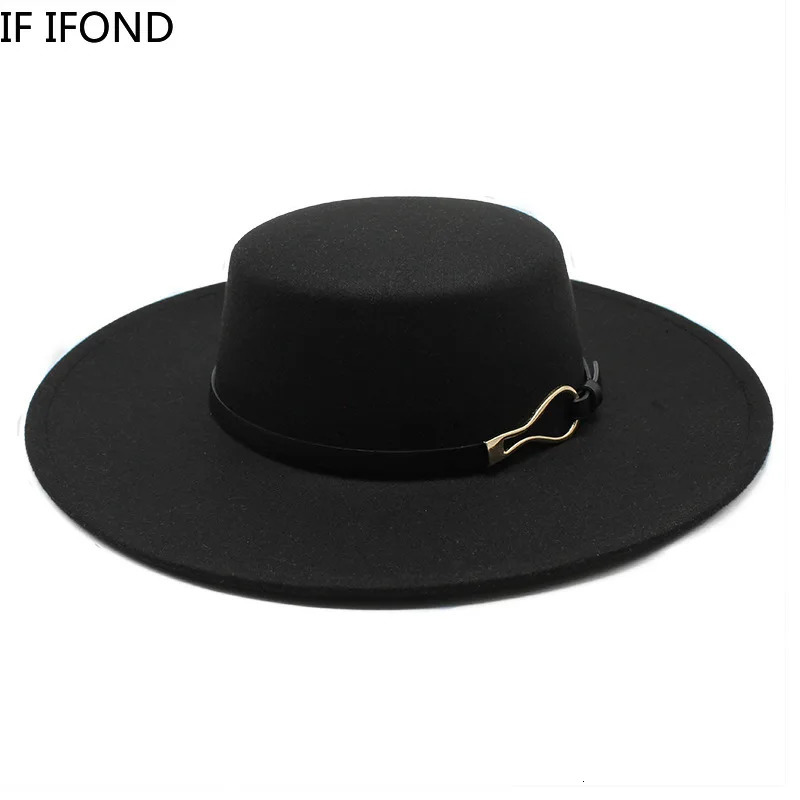 Solid Color Wool Felt Fedoras Jazz Cap Winter Warm 10CM Wide Brim Flat Top Hats British Style Church Hats 250430