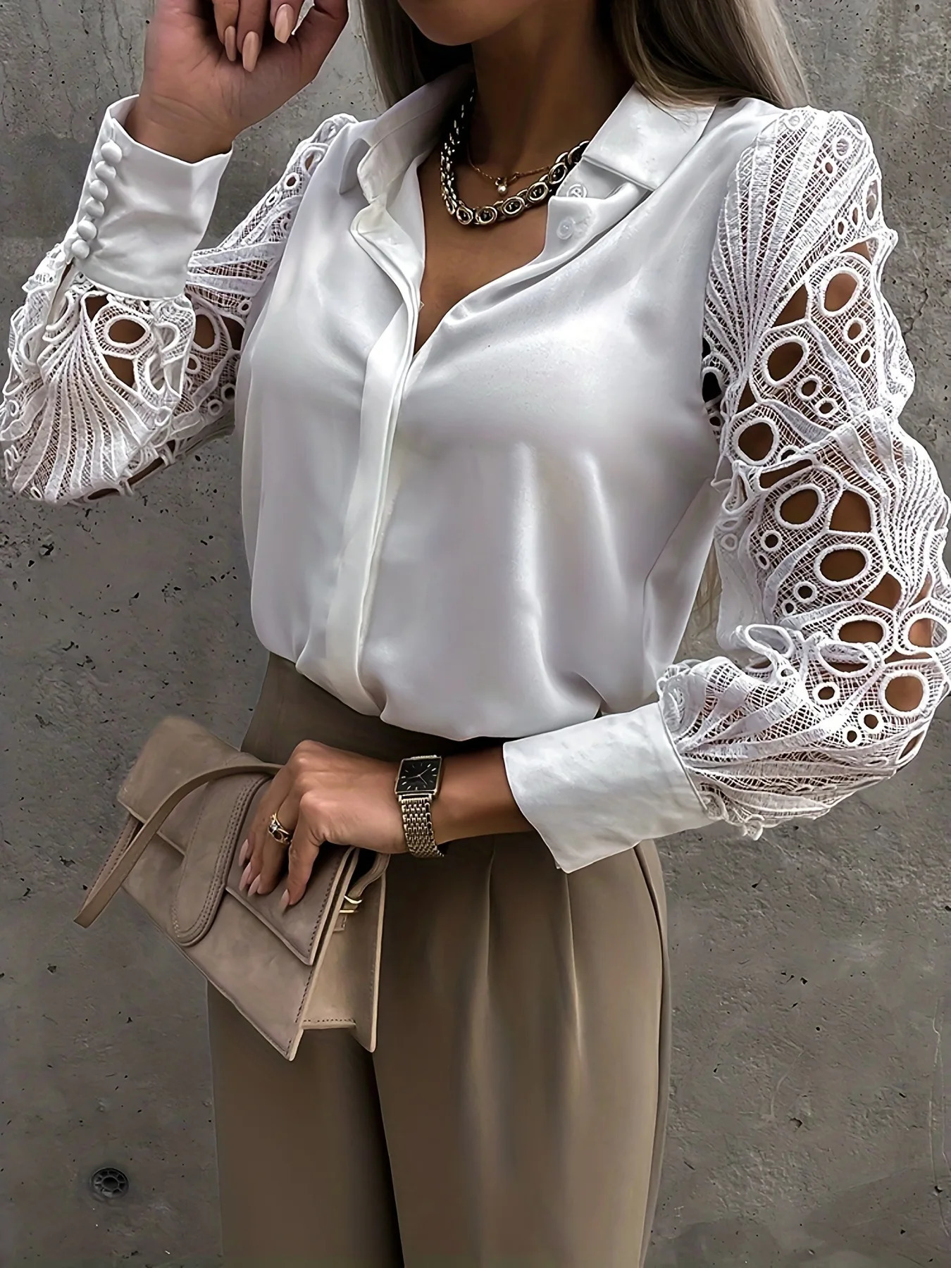2025 SpringSummer Womens Elegant Solid Chiffon Shirt Casual Long Sleeve Vneck Loose Office Tuned Top 250422