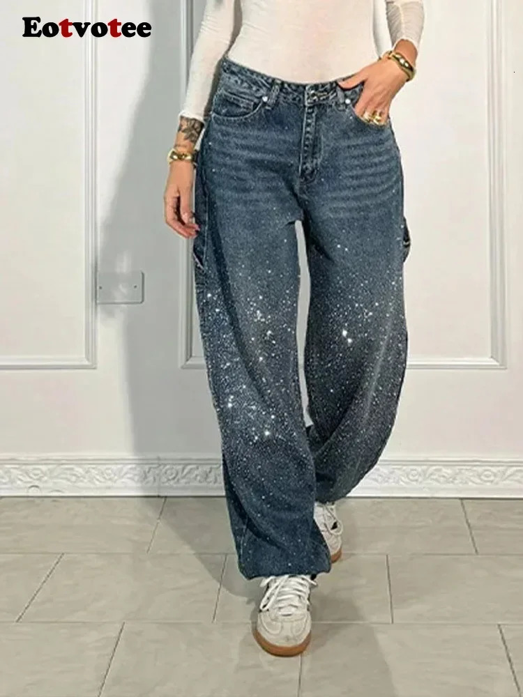 Retro Rhinestone loose jeans for women Y2K Korean fashion high waist wide leg pants casual straight 250428