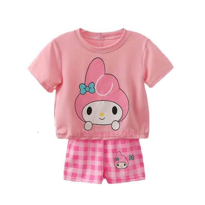 Summer Outfit New 2025 Girls' Casual Cartoon Baby Cute Loose Shirt Plaid Shorts Set