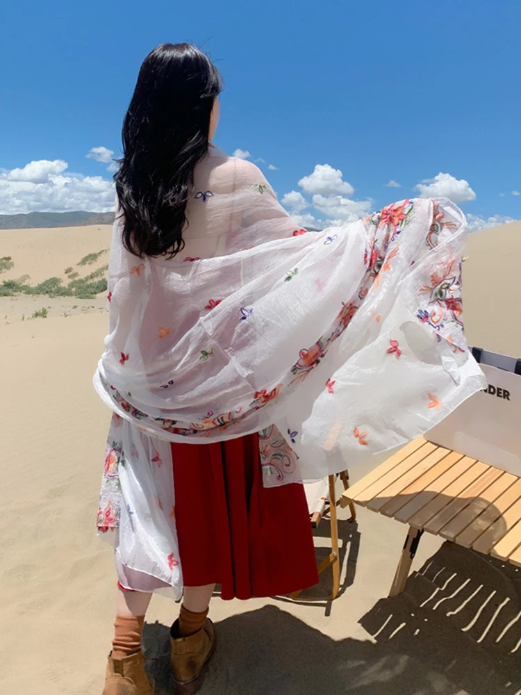 Summer Elegant Women Silk Scarf Beach Wrap Shawl Embroidered Floral Lady Sunscreen Bandana Hijab Mujer Bohemian Scarve Pareo 250430