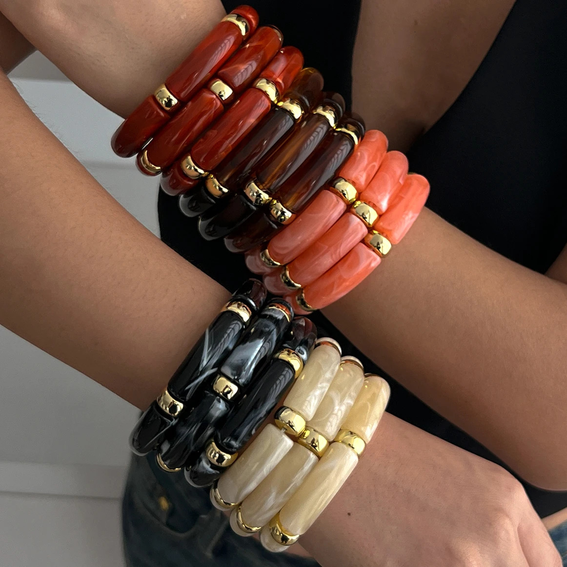PuRui 3 pieces/set Bohomia colorful bamboo tube stackable plastic bead bracelet womens retro elastic bracelet couple jewelry 250428