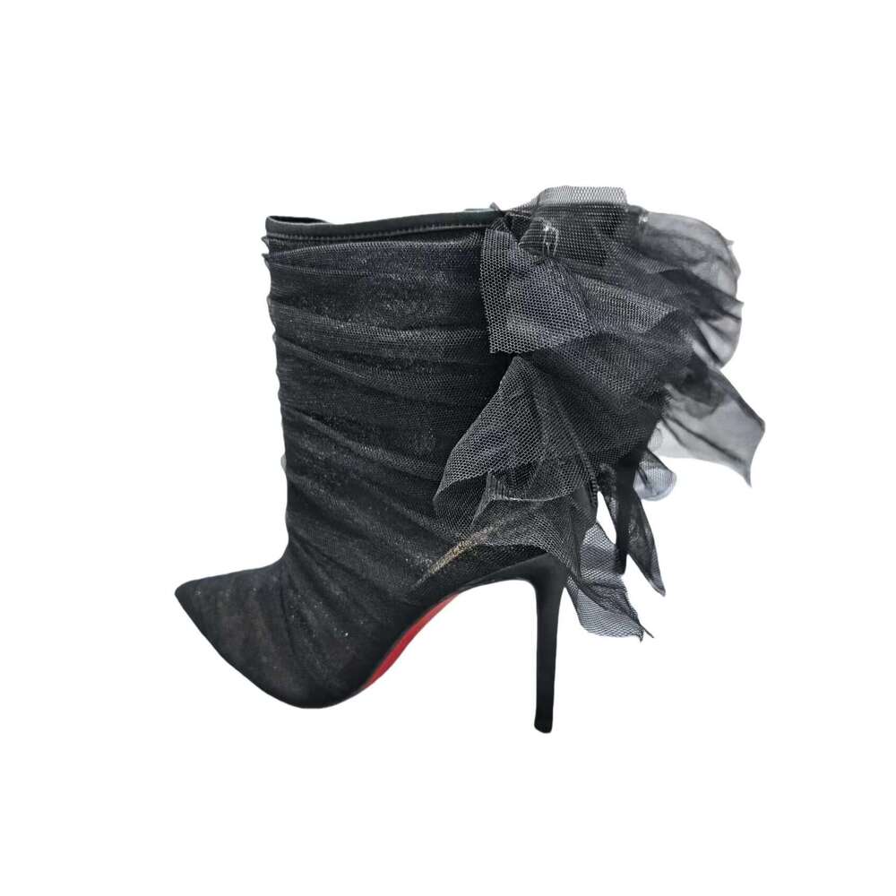 Pointed Zipper Ankle Boot 10cmHeels Ladies Low BootS Mysterious and Sexy Shoes Black Lace Boots For Woman