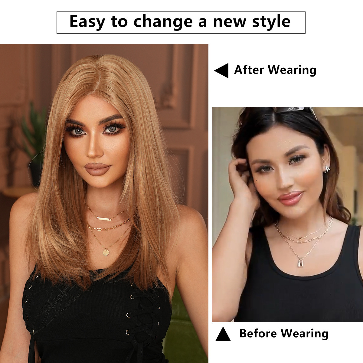 Hot Asian Girl Wig Gold Small Lace Wig Full Headset Layered Inner Buckle Straight Hair Simulation Sewing Wig